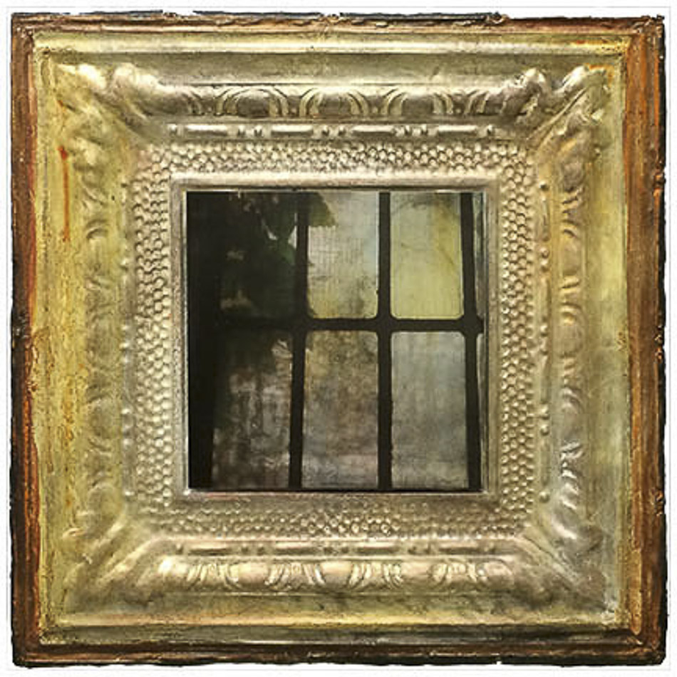 Gold
pigment print on aluminum on vintage tin ceiling tile with encaustic, 24″ x 24″