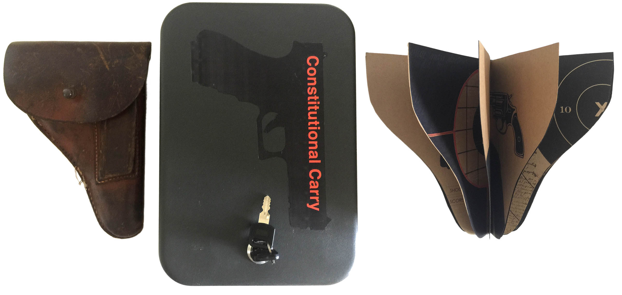 Constitutional Carry
“Constitutional Carry” is a gun-shaped book designed to fit into my father’s vintage police holster and be kept in a metal, locked gun safe. It is 7.25″ x 5″ with 20 pages incorporating the following text: The term constitutional carry, refers to the United States Constitution’s Second Amendment which gives citizens the right to bear arms, typically a handgun, openly or concealed, without a permit or license. All 50 states allow individuals to carry concealed weapons — 20 without a permit. Thirty-one states allow a handgun to be carried openly without a permit and an additional 15 allow open carry with a permit. Without a permit and background check, it is possible for convicted criminals, individuals with mental health issues, dishonorably discharged military personnel and non-US citizens to legally carry guns in public. The US is the only nation with more guns than people. In 2020, 17 million handguns were sold — 64% more than in the previous year, and about 1/5 to first-time buyers. One third of households in the US own guns and estimates suggest that 3-million adults carry loaded handguns every day. The US has a total rate of firearms death which is 50 to 100 times greater than that of many similarly wealthy nations with strict gun control laws, such as the United Kingdom. Although self-defense is often cited as the reason individuals need guns, a successful defense occurs in less than one percent of crimes. And while mass shootings have been covered extensively in the media, they account for a small fraction of gun-related deaths. More than one-third of the 100 Americans gun deaths each day are homicides and the remaining two-thirds are suicides. Gun violence in the US results in tens of thousands of deaths and injuries and costs taxpayers more than half a billion dollars in direct hospital costs annually. While there are efforts to control the proliferation of guns and the ensuing violence, more states are loosening restrictions to owning and carrying handguns. These competing issues are among the most widely debated and contentious in the US today and perhaps with the most potential for disaster.
