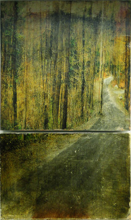 Road  40" x 24", diptych, pigment transfer with mixed media on silver leaf