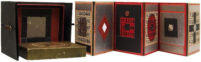 Bingo
5.5" x 4.5" closed 5.5 " x 27.5" open A concertina of old bingo cards altered with silver leaf, metal, red and black paper and paint. The leatherette covered traveling box houses the concertina and the spinner.