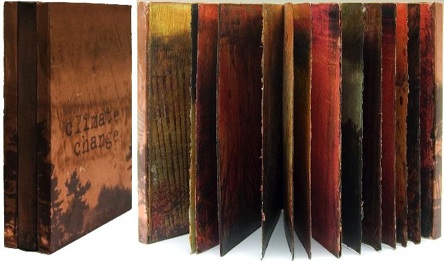 Climate Change
7.5'' x 5.75'' x 1.66'' Acrylic paste under-paintings with inkjet prints, drum leaf binding, and patinaed copper foil over wood with leather spine.