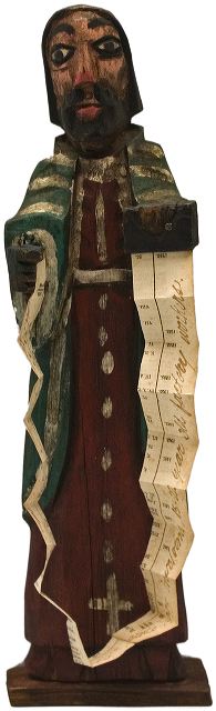 Las Mourtas de Juarez
14'' x 4.25'' x 2'' A wooden Santos with handwritten message on a strip of paper cut from old Bible and folded as a concertina. The message is related to the killing of women in Juarez, Mexico.