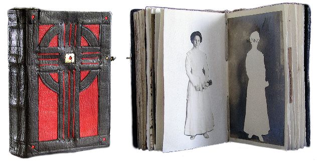 Magdalene Laundries
6" x 4.25" x 1.25" Leather Coptic binding over papyrus. Collage. In 1993 when property held by the Sisters of Charity in Dublin was to be sold, unmarked graves of 133 women were discovered. The shameful history of the Magdalene laundries can be found on the web and in the excellent movie by Peter Mullan, The Magdalene Sisters. I saw the movie in Ireland in the fall of 2002 and began this book shortly after. In reviewing the "Conceptually Bound" exhibit in ARTSHIFT San Jose, Julia Bradshaw says: At a smaller scale, but never-the-less similarly powerful, Dorothy Simpson Krause used a small news item and a film as the spark for her project. A small dense book bound using a black leather Coptic binding with red leather accents, hand-sewn headbands and papyrus pages treated with a variety of collage and drawing methods, Krause has created a precious item that at first sight appears to be a hymnal or a bible. Krause’s book ‘Magdalene Laundries’ was inspired by her learning that “in 1993 when property held by the Sisters of Charity in Dublin was to be sold, unmarked graves of 133 women were found.” Each page of this thick, intense book is hand-inscribed or hand-printed with text or facts or makes use of found photographs to express the poignant histories of some of the girls who were imprisoned against their will. In its entirety, the book feels like a prayer to the God of Never-Again.