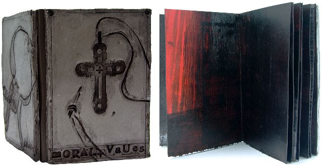 Moral Values
6.75'' x 4.5'' x .5” Painted clay covers, drumleaf binding, leather spine, collograph printed pages.