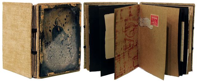 OneLife
5.75" x 4.5" x 1" Glass photographic plate on cloth keyhole binding, paper, collage This book contains documents relating to the life of James Ward of Longmeadow, Massachusetts around the turn of the century.