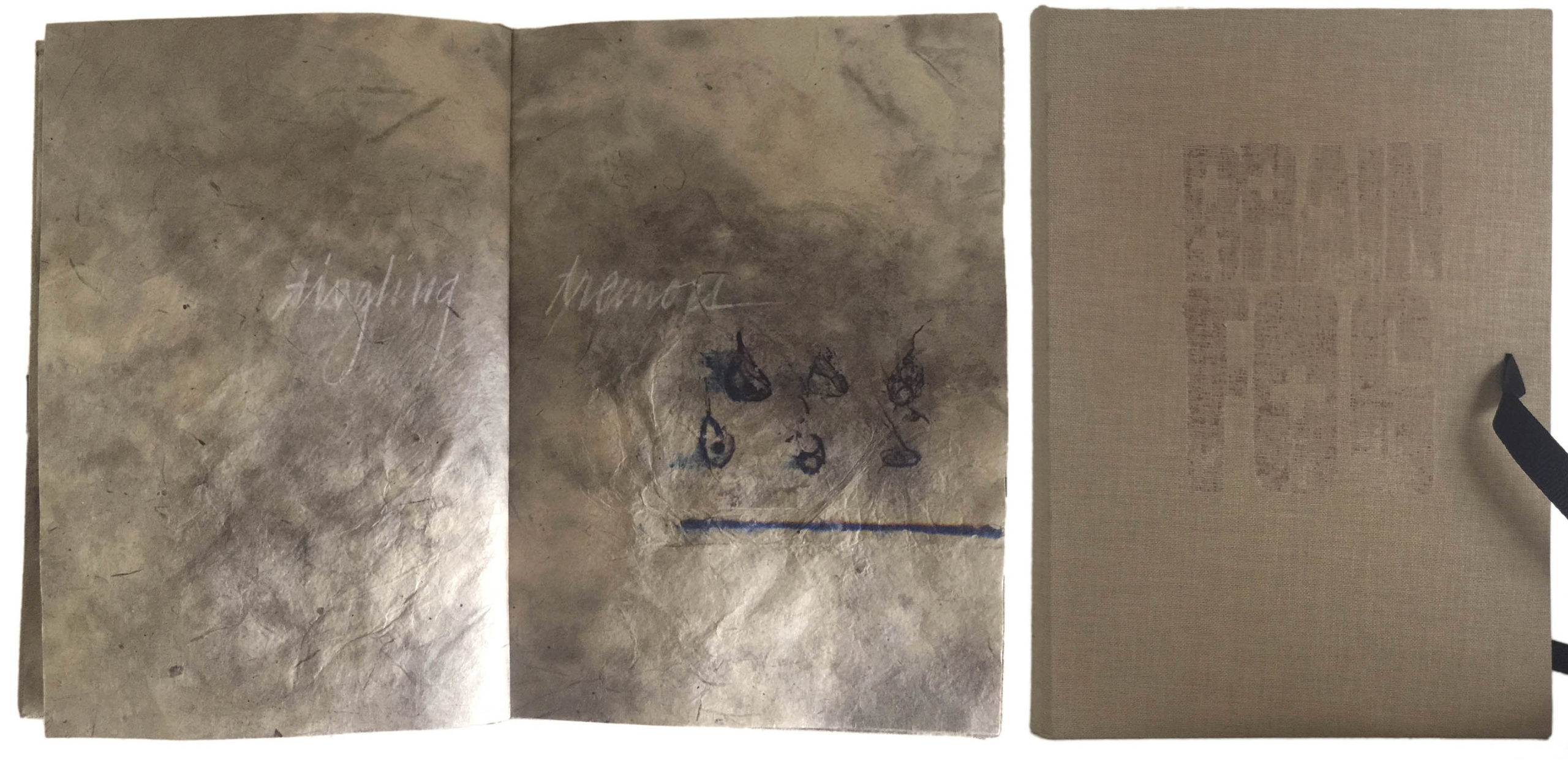 Brain Fog
One of the long term side effects of Covid-19 is called "brain fog". The title has been lightly engraved into the natural bookcloth cover using a font called Ambulance Shotgun. Related images have been transferred onto handmade lama li paper and handwritten text added. Brain Fog, 7.5” x 5”, 34 pages