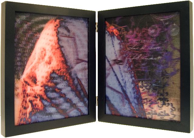 Sacred Megalith
11" x 9" x 2.5" Four components from a translucent lenticular print recycled to fit inside and outside of a wood frame. An explanation of the creation of a lenticular print from the series timeXposure is included in the Process section. The woman in this book is Linda Serafin, photographed by Jan Doucette.