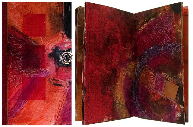 Signs and Symbols
10.5" x 5.5", 40 pages Rives BFK and mylar Acrylic paste paint and collograph printed images on Rives BFK paper with collaged elements. Simplified stiched binding with burgandy silk spine and acrylic painted covers. The circle, square and cross are recurring images in my work. They are ancient symbols which have occured in most cultures with varying meanings. The circle is simple, whole, unbroken and all encompassing. The square is an expression of the two dimensions that constitute a surface. And the equal arm cross may represent the four cardinal points and the points of the solar calendar. In combination they become more complex visually and in potential interpretation. This piece began in a PBI workshop taught by Laura Wait.
