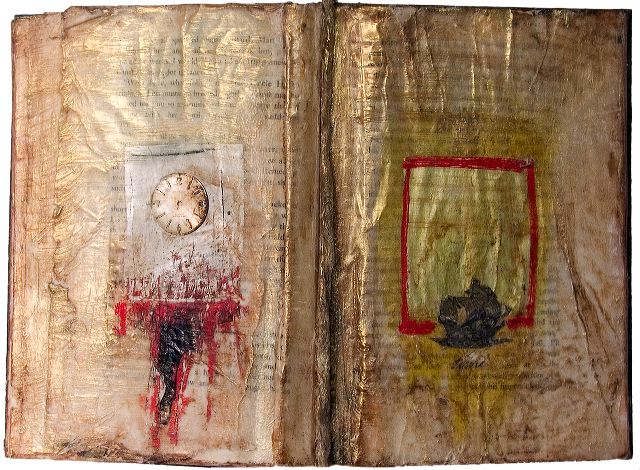 TimeAgo
8.5” x 12” Sculptured book with only two pages visible. Mixed media collage with encaustic and metallic pigment.