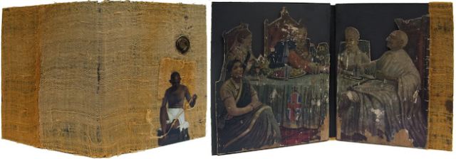 Weaver
7'' x 5.75'' Single fold collaged book, containing a vintage wood cut-out of Mahatma Gandhi and world leaders with hand-woven cloth cover. Made in India.
