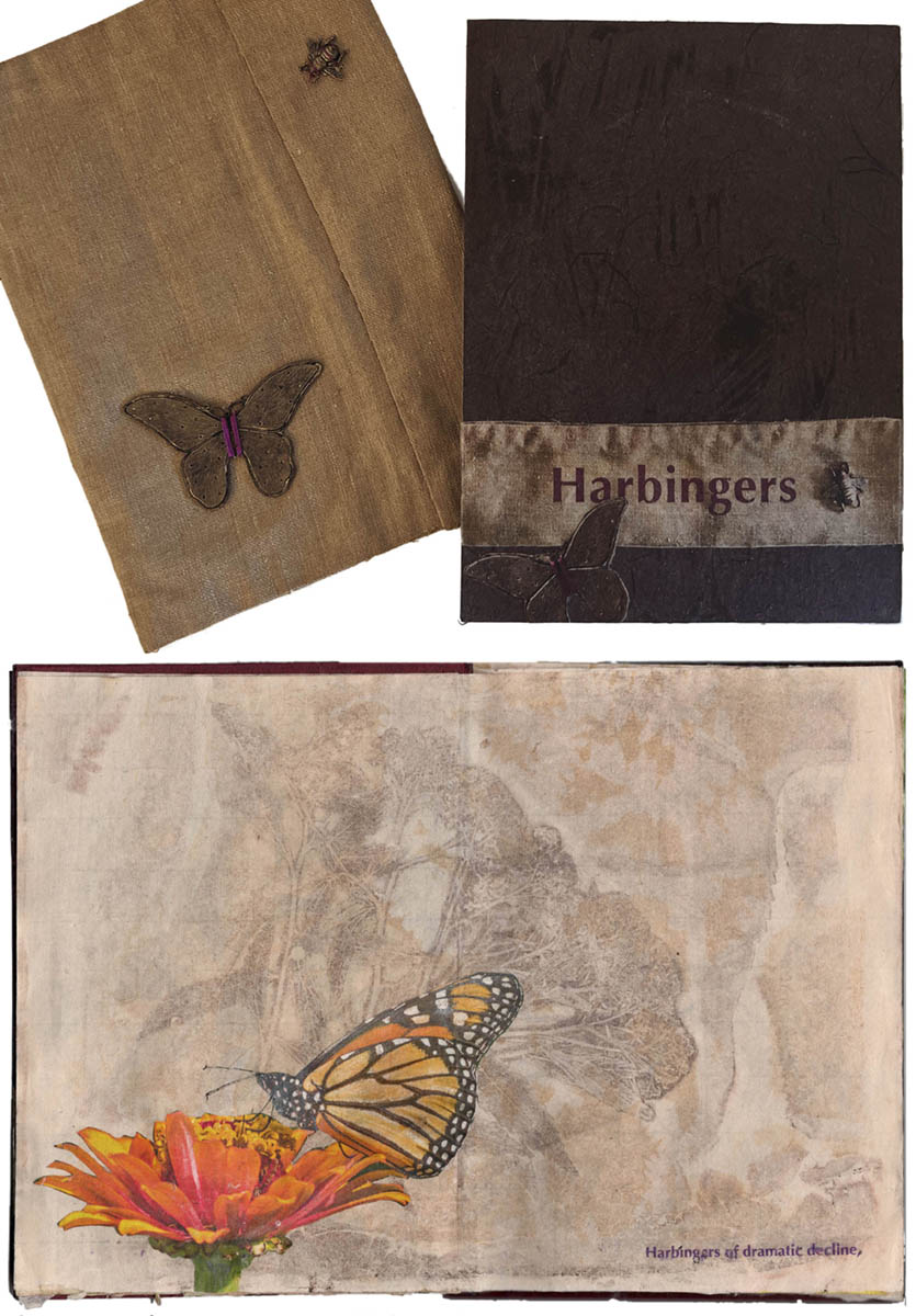 Harbingers
Harbingers of dramatic decline, wild pollinators, butterflies and bees, are becoming extinct. Loss of habitat, disease and pesticides take their toll. Plant milkweed and native plants, reverse this loss, while we still can. This small book of Yo Kou handmade paper with collaged images, laments their fate. The concertina binding, has 22 pages attached at the foredge, flutter style -- 8” x 5.5” closed, 8” x 121” open. It has a paper over board cover and is housed in a sleeve of vintage fabric with brass butterfly and bee attached.