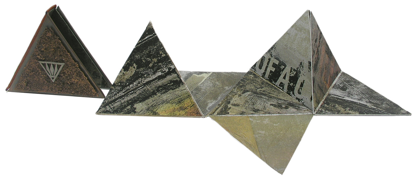 Ancient Mysteries 6'' x 6'' x 1.5'' Mixed media. Pyramid shaped concertina using a structure designed by Karen Hanmer. Leather slipcase embellished with metal pieces.