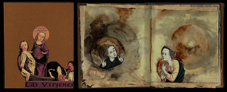 Las Virgenes
The text of Las Virgenes reads:
On the feast day of Saint Ursula, October 21, in 1493, Cristopher Columbus named the islands he claimed, Santa Ursula y las Once Mil Vírgenes (Saint Ursula and the Eleven Thousand Virgins), shortened to las Vírgenes (the Virgins).  
According to legend, this Romano-British princess and her virgin attendants, who may have numbered 11 or 11,000, were attacked and murdered by Huns near Cologne while on a pilgrimage to Rome. Despite the historical accuracy of the story, Ursula's legacy as a patron saint of women, girls, education, students and the Virgin Islands remains strong.  
 
Originally inhabited by the Arawak and Carib, many of whom are thought to have perished during the colonial period due to enslavement and disease, the 60 islands have variously been claimed by Spain, Great Britain, the Netherlands, France, Denmark and the United States. 
 
The majority of the island population today are descendants of slaves brought from Africa to work the colonists sugar plantations. The current economy is reliant on tourism, trade and financial services. 

Las Virgenes is 5” x 4.25”, sewn binding. Images of the virgins from paintings throughout history are collaged onto 54 irregularly shaped, eco-printed pages. The cover is paper over board.